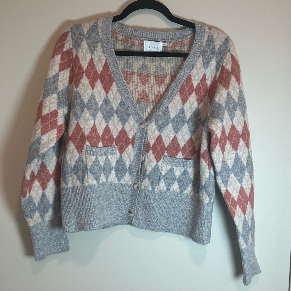 Lush Argyle Knit Cardigan in Gray, Red, and Cream